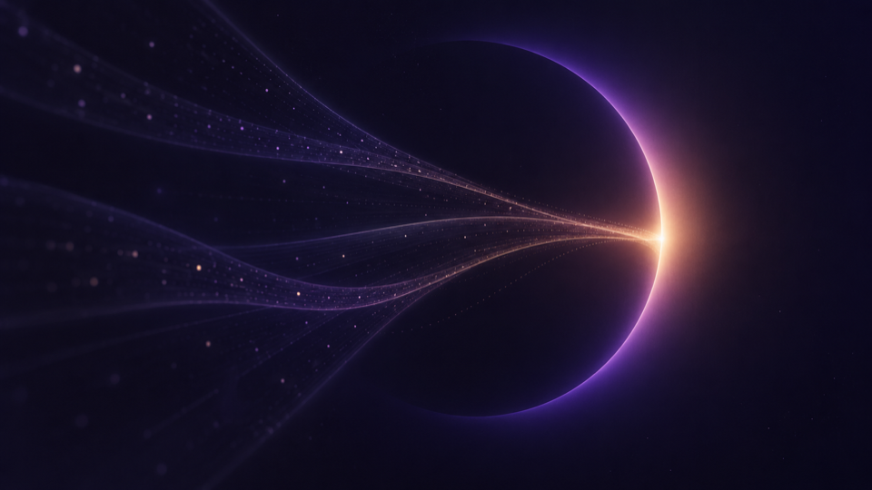Abstract visualization of independent streams radiating outward from a single light source, representing a healthcare team running the platform self-sufficiently after handover